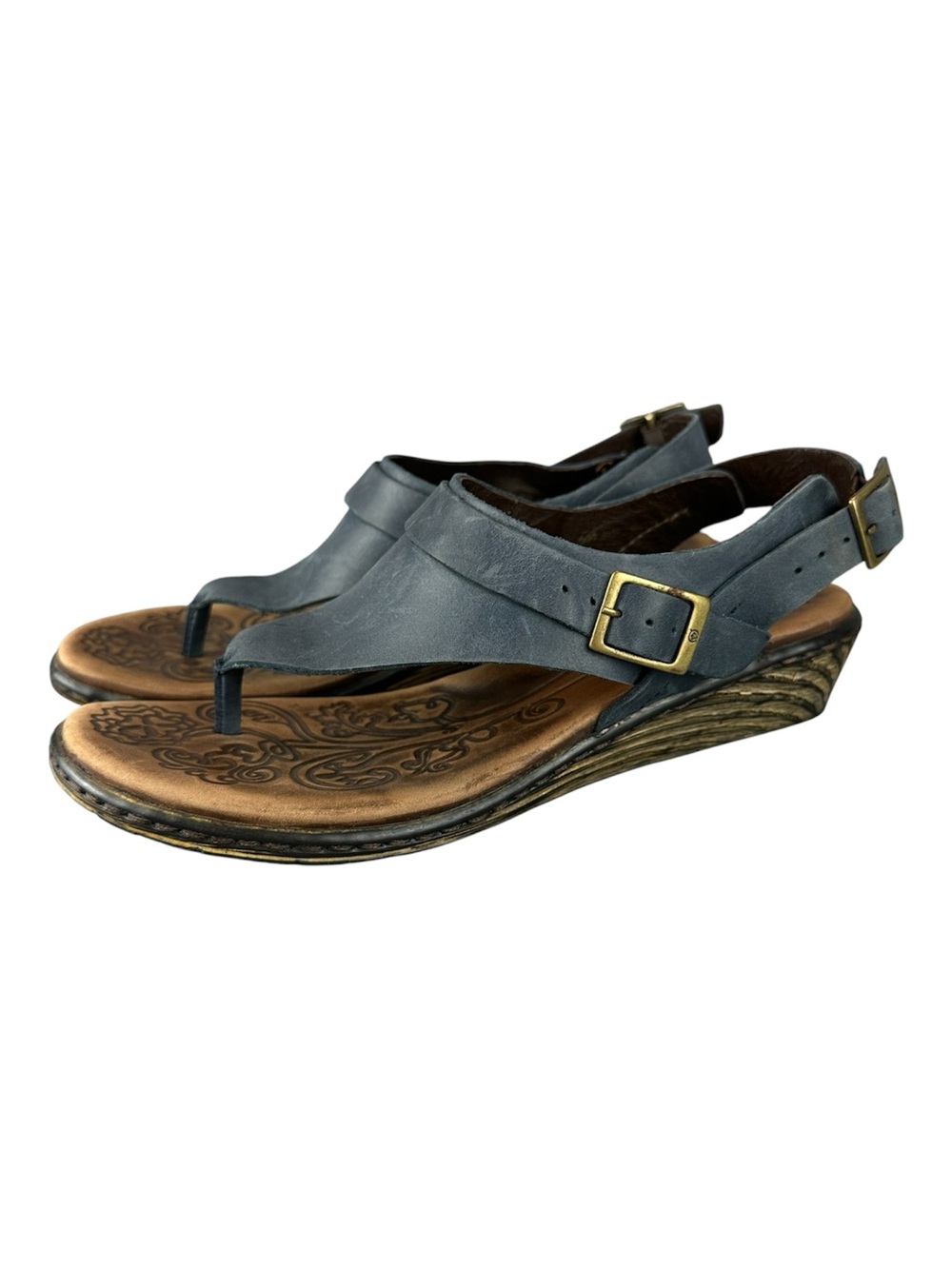 Born Juney Blue Leather Slingback Wedge Thong Sandals US 8 Adjustable Boho